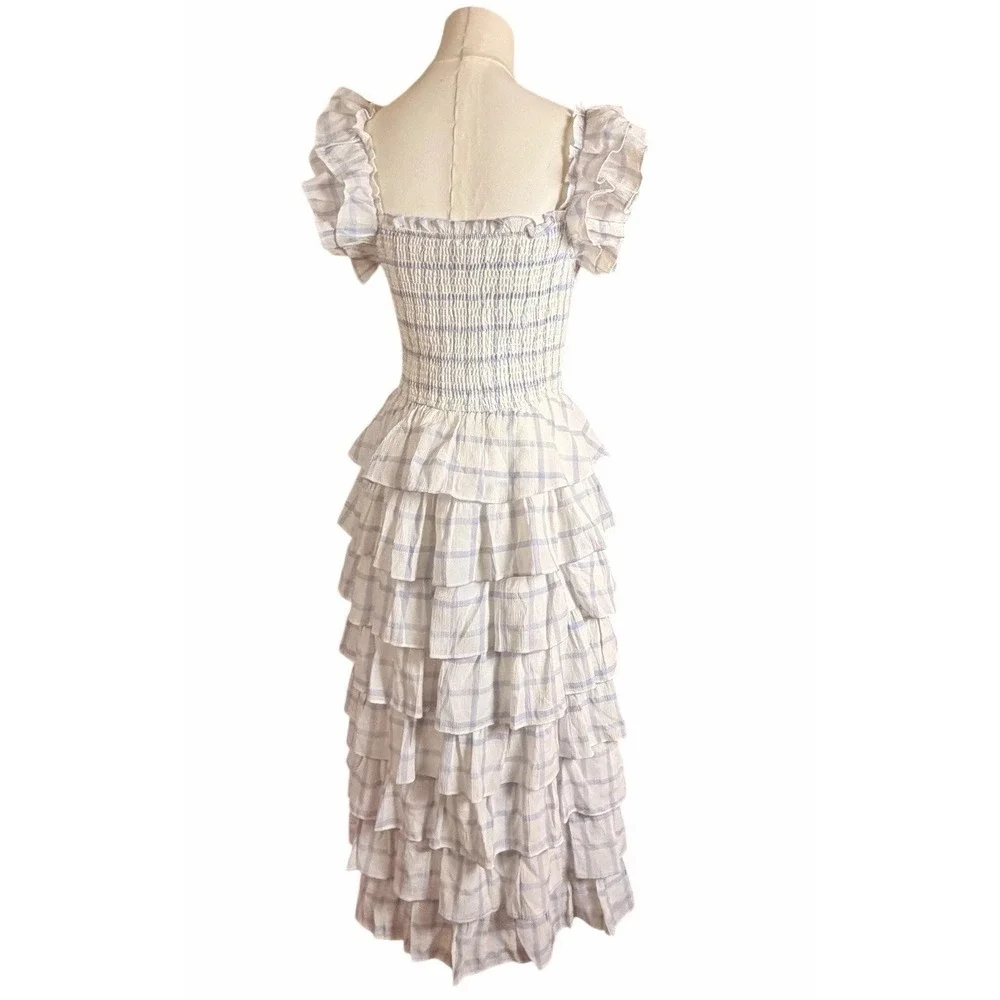 Storia Adelynn Ruffle Midi Dress S Blue White Plaid Smocked Cottagecore Prairie - Picture 4 of 11